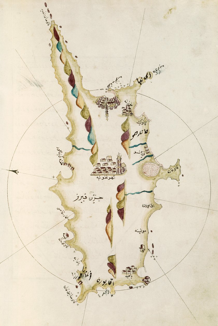 Map of island of Cyprus, illustration from Portolano atlas, by Admiral Piri Reis (1465-1470 - 1553-1554) بواسطة الأدميرال بيري ريس