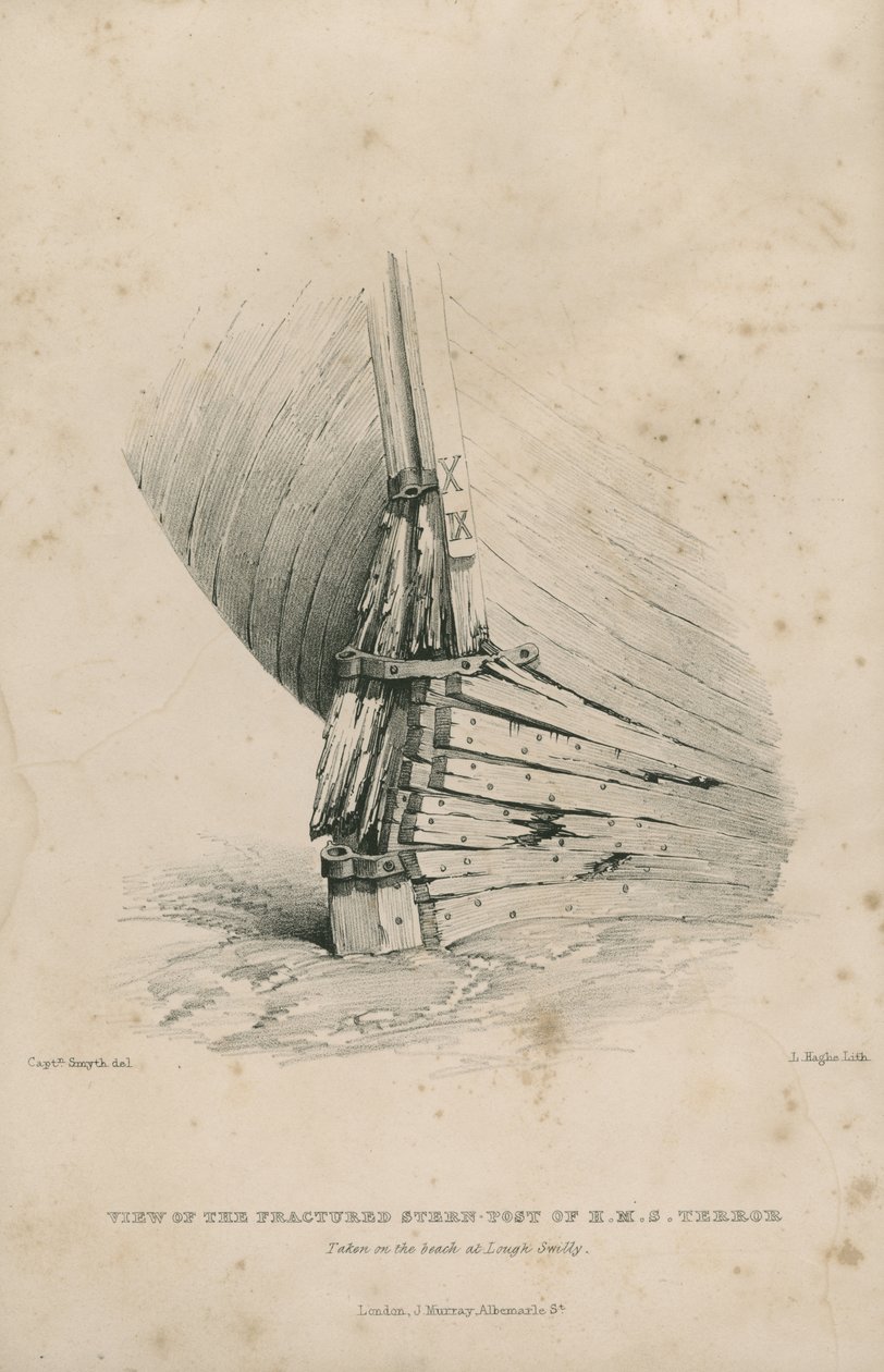 منظر لمؤخرة السفينة HMS Terror المكسورة: تم التقاطها على الشاطئ في Lough Swilly بواسطة الأدميرال وليام هنري سميث