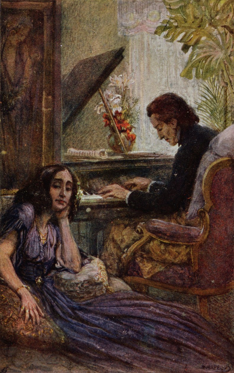 بطاقة بريدية تصور جورج ساند (1804-76) يستمع إلى فريدريك شوبان (1810-1849) يلعب البيانو ، 1917 بواسطة أدولف كاربيلوس