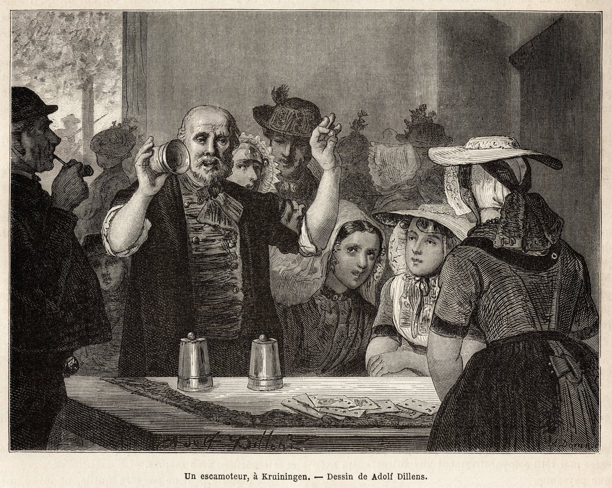 ضام ، في نزل في Kruiningen ، يصنع رقمه أمام المتفرجين اليقظين ، محفورًا بعد الرسم الذي رسمه Adolf Dillens ، يوضح رحلة إلى Zelande (Neerlande) ، في عام 1873 ، بواسطة Charles de Coster ، نُشر في "Le Tour du monde 1874 ، تم تحريره بواسطة أدولف ألكسندر ديلينز