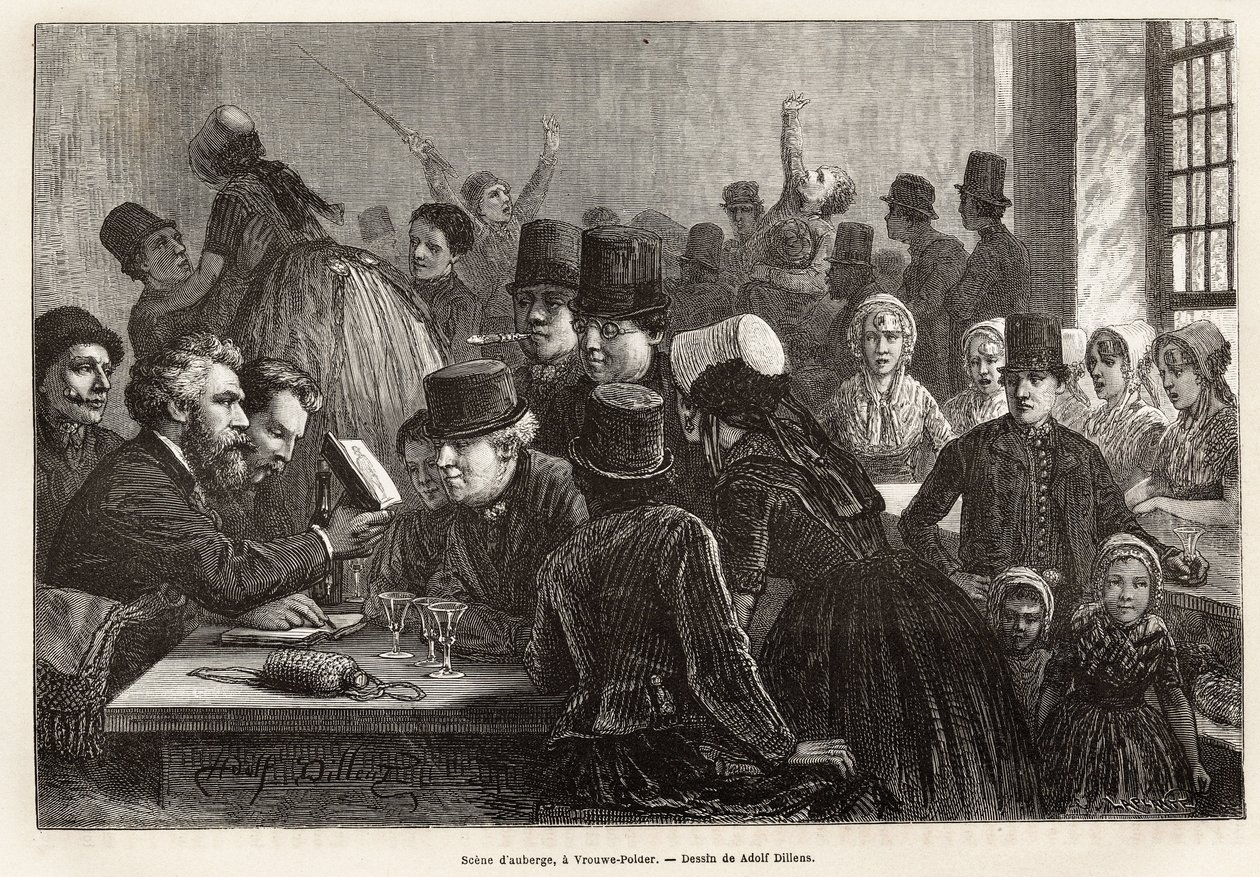 Scene d'auberge ، أحد أعمال Vrouwe-Polder (Vrouwe Polder) ، نقش بعد الرسم الذي رسمه Adolf Dillens ، يوضح رحلة إلى Zelande (Neerlande) ، في عام 1873 ، بواسطة Charles de Coster ، نُشر في "" Le tour du monde "" 1874 ، حرره إدوارد شارتو بواسطة أدولف ألكسندر ديلينز
