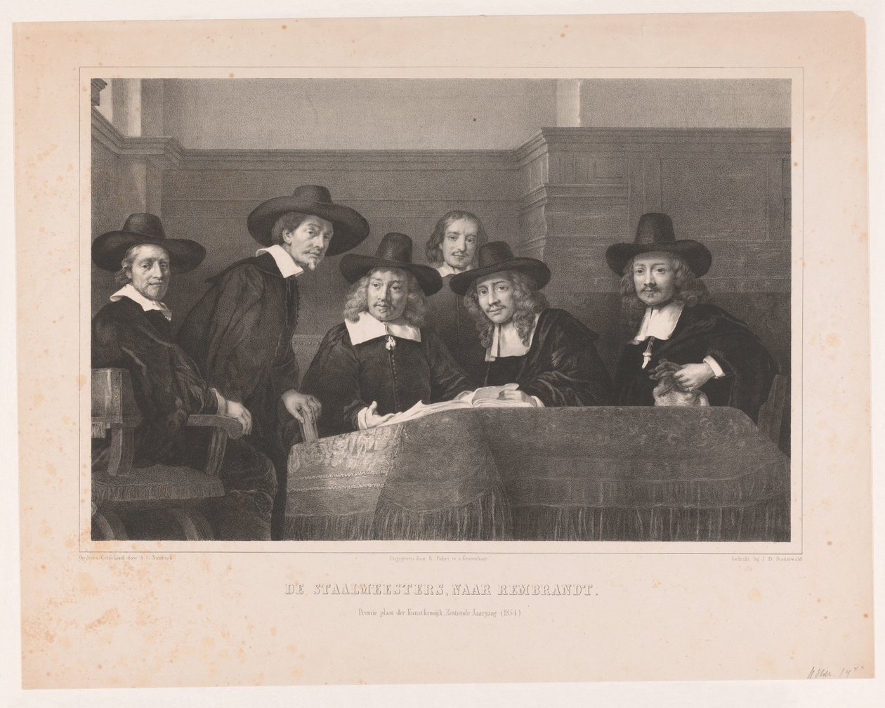 De Staalmeesters: كلية سادة الصلب (Waarijns) التابعة لنقابة صانعي الملابس في أمستردام De Staalmeesters ، بعد Rembrandt / Premium plate der Kunstkronijk ، المجلد السادس عشر (1854) (العنوان على الكائن) بواسطة ادولف كاريل ننينك