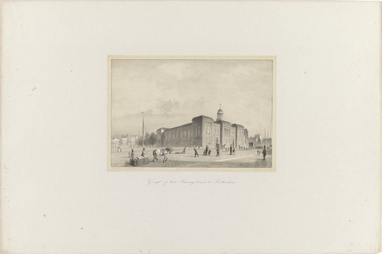 منظر ل Beursgebouw في روتردام ، 1854 منظر ل Beursgebouw في روتردام (العنوان على الكائن) جمعية الترويج لتونكونست ومهرجانها الموسيقي ومدينة روتردام. ذكرى عام 1854 (عنوان السلسلة على الكائن) بواسطة ادولف كاريل ننينك