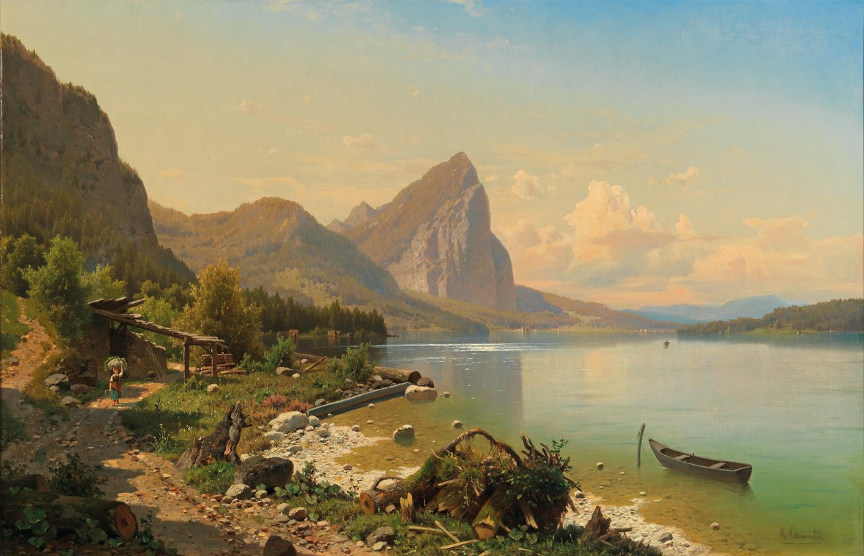 الكثير في Mondsee بالقرب من Scharfling مع إطلالة على Drachenwand بواسطة أدولف شوالا