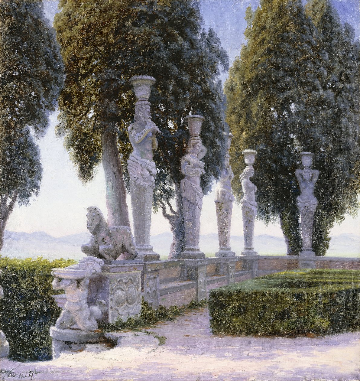 ساحة بها كارياتيدات في أراضي فيلا فارنيز ، كابرارولا ؛ Piazzale delle Cariatidi في حديقة Palazzo Farnese في Caprarola بواسطة أدولف هاينريش هانسن