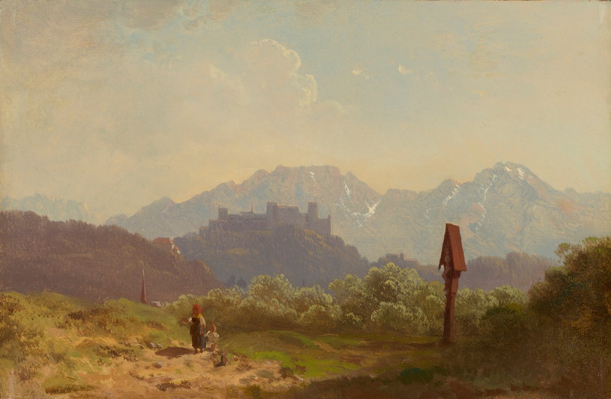 الكثير بالقرب من سالزبورغ مع إطلالة على قلعة Hohensalzburg و Untersberg الشاهقة خلفها بواسطة أدولف هاينريش لير