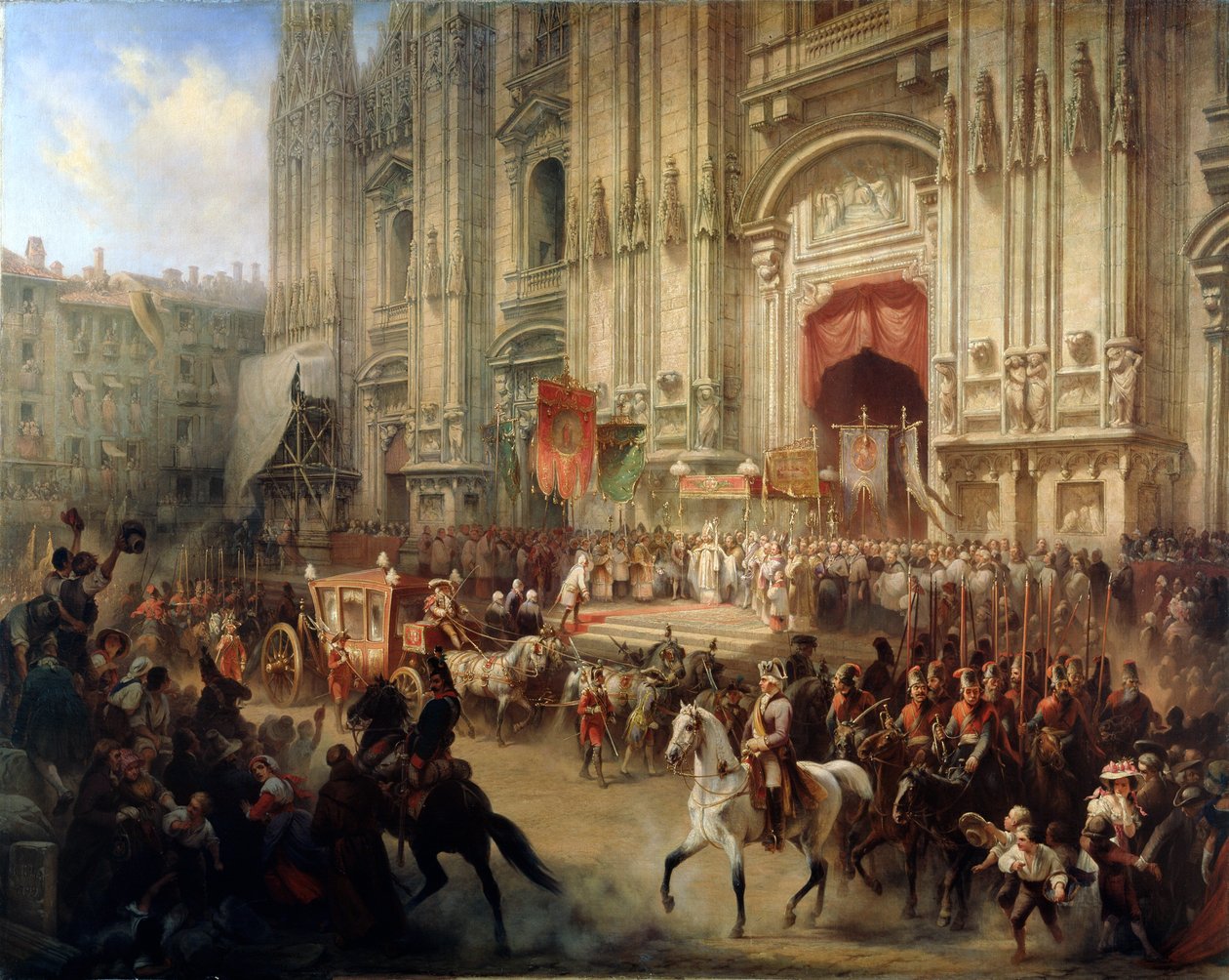 استقبال احتفالي للمارشال ألكسندر سوفوروف في ميلانو في أبريل 1799 ، خمسينيات القرن التاسع عشر بواسطة ادولف جوسيفويتش شارلمان