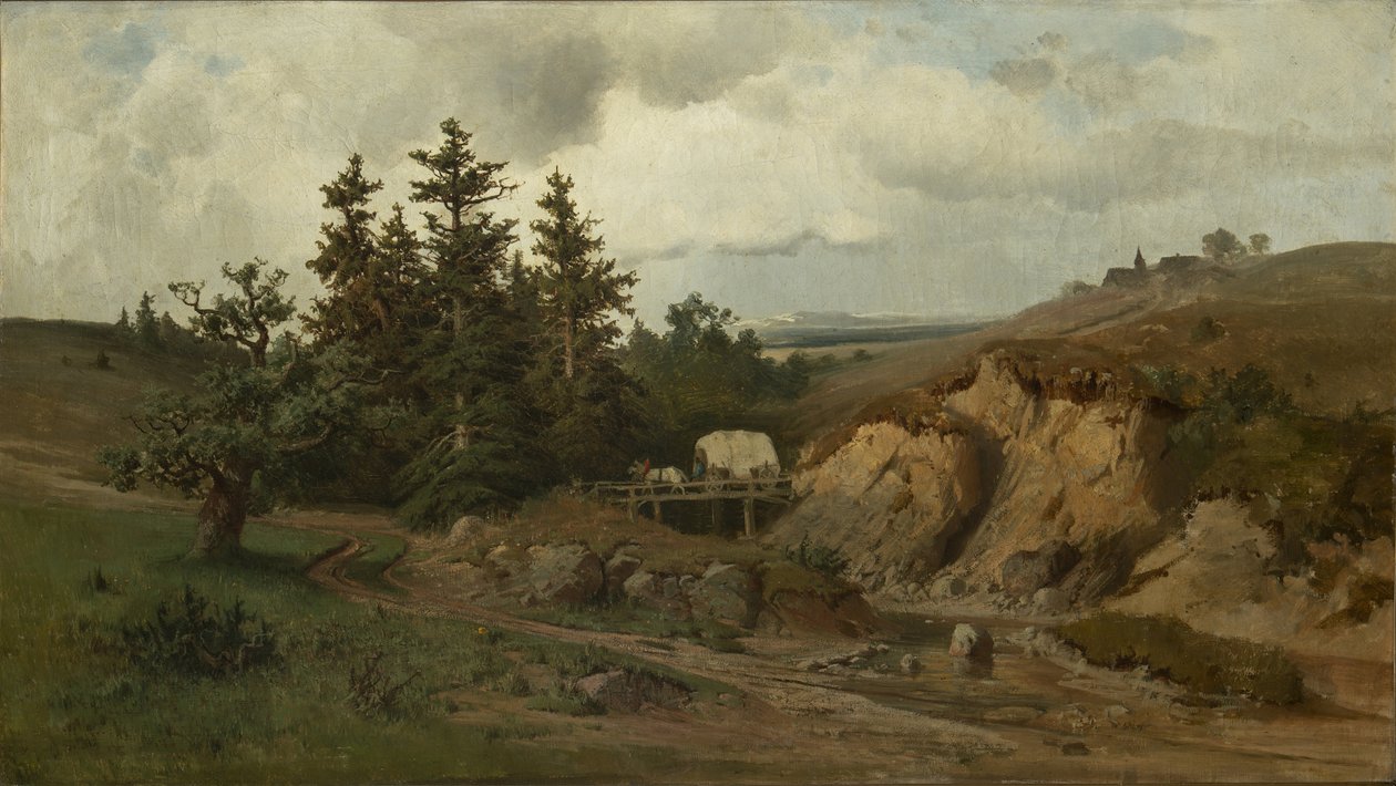 منظر طبيعي بجسر خشبي - مناظر طبيعية بجسر خشبي - أدولف كوساريك (1830-1859). زيت على قماش بواسطة أدولف كوساريك