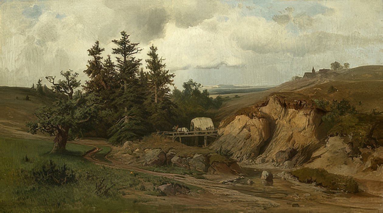 منظر طبيعي مع جسر خشبي. 1858 بواسطة أدولف كوساريك