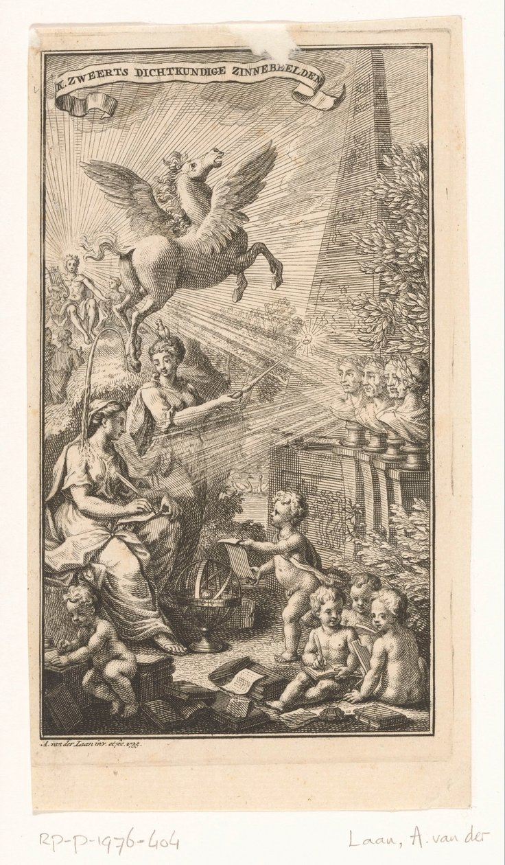 مشهد استعاري مع كتابة امرأة وتماثيل نصفية وبيغاسوس وأبولو صفحات عنوان لـ: Cornelis Sweerts ، Poetical Symbols ، 1736 بواسطة أدولف فان دير لان