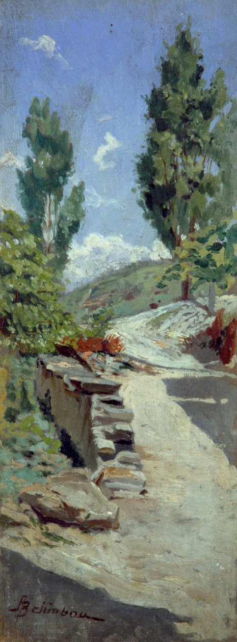 طريق في التلال بواسطة Adolfo Belimbau (1845-1938) ، زيت على لوح ، 23x9 سم بواسطة أدولفو بيليمبو