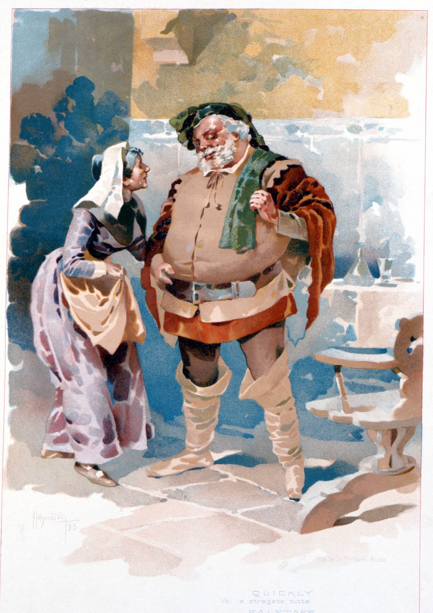 الفصل الثالث من أوبرا جوزيبي فيردي "فالستاف": فالستاف وبسرعة ("أنت تسحرهم جميعًا ..."). رسم توضيحي لهوهينشتاين. متحف مسرح لا سكالا ، ميلانو 1893 بواسطة أدولف هوهنشتاين
