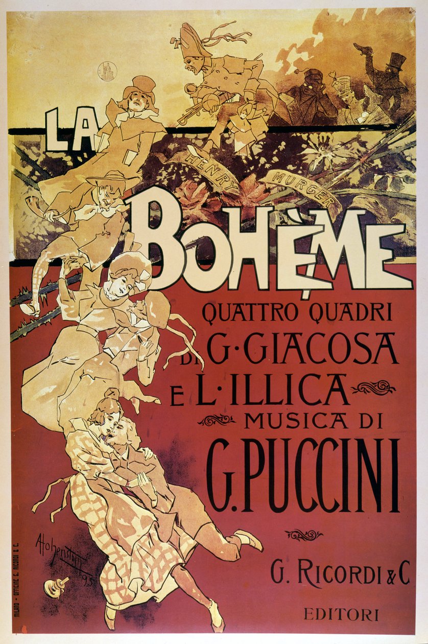 ملصق La Bohème لأدولفو هوهنشتاين للعرض الأول لأوبرا جياكومو بوتشيني في مسرح ريجيو دي تورينو ، 02/01/1896. بواسطة أدولف هوهنشتاين
