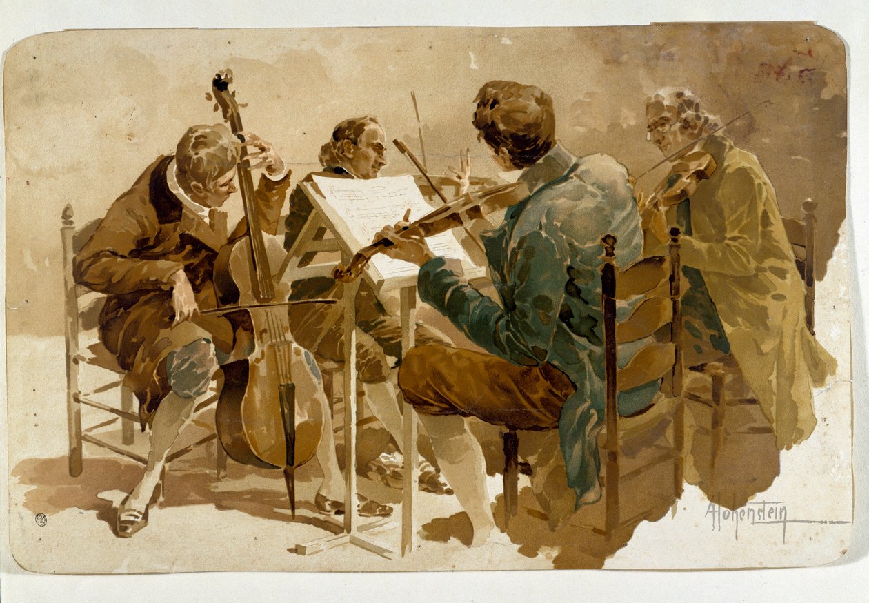 Four musicians Three violinists and one cellist. Poster by Adolfo Hohenstein (1854-1928) Dim. 293x454 cm Private collection بواسطة أدولف هوهنشتاين