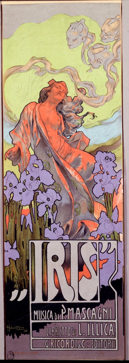 أوبرا إيريس ألحان بيترو ماسكاني والنص الإيطالي لويجي إليكا (1898). ملصق رسمه أدولفو هوهنشتاين (1854-1928) 1910 خافت. مجموعة خاصة ميلانيز 10x29.5 سم بواسطة أدولف هوهنشتاين