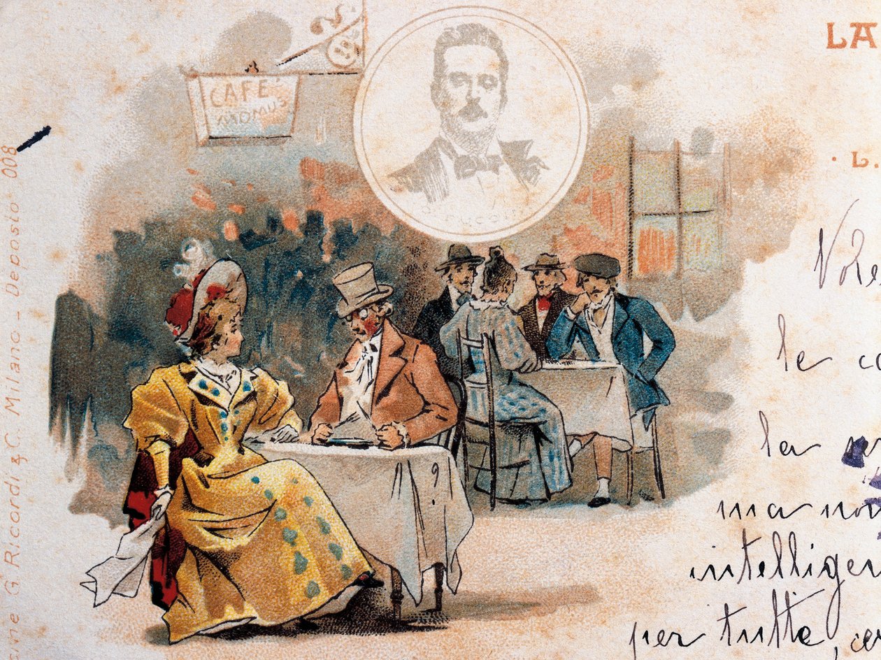 بطاقة بريدية لأدولفو هوهنشتاين (1854-1928) تم إنشاؤها بمناسبة العرض الأول لأوبرا La Boheme ، بواسطة جياكومو بوتشيني (1858-1924) ، تصور مشهدًا من الفصل الثاني بواسطة أدولف هوهنشتاين