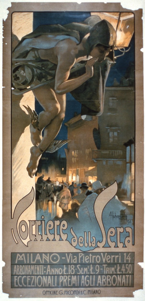 ملصق إعلان "Corriere della Sera" ، طبع في ميلانو ، 1898 بواسطة أدولف هوهنشتاين