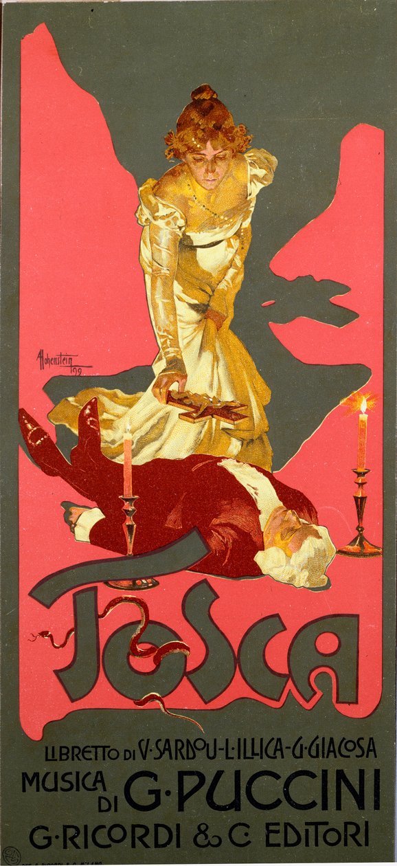 ملصق بأسلوب الحرية لأوبرا "La Tosca" لجياكومو بوتشيني (1858-1924) 1906 Dim. 30x13،5 سم رسم توضيحي لأدولفو هوهنشتاين (1854-1928) مجموعة ميلان الخاصة بواسطة أدولف هوهنشتاين
