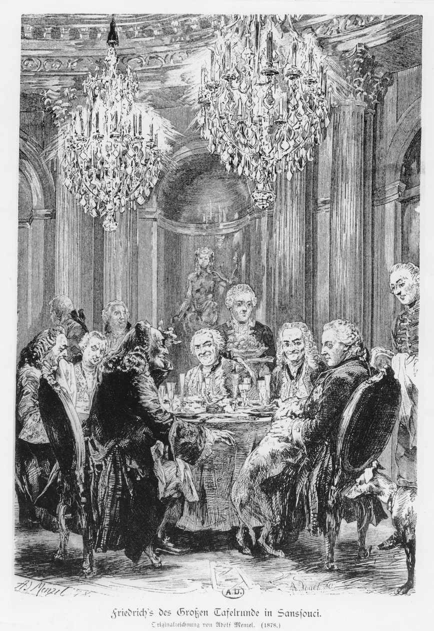 فولتير يجلس بجانب الملك فريدريك الثاني في Château de Sans Souci ، بوتسدام ، ألمانيا ، 1878 بواسطة أدولف مينزل