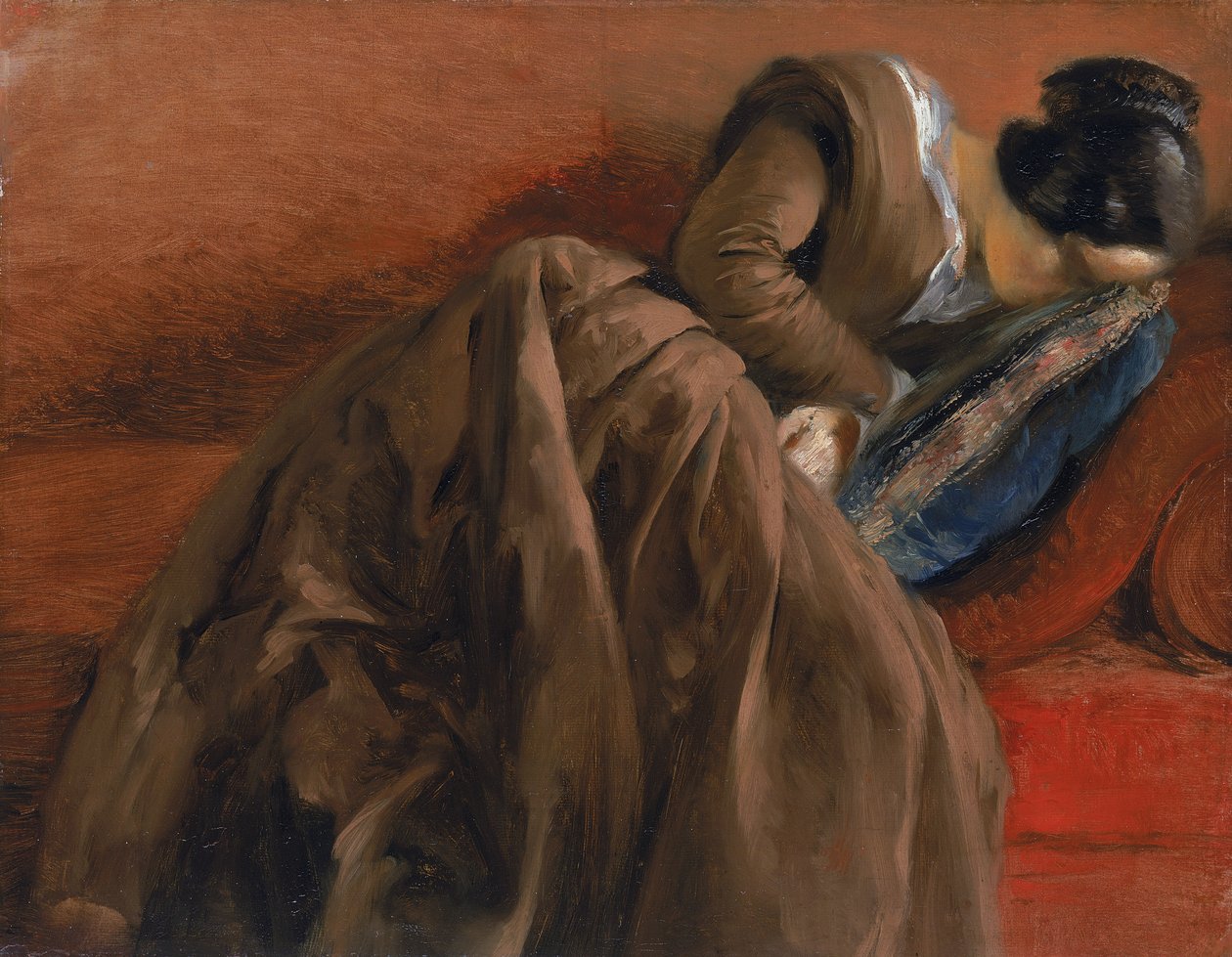 إميلي ، أخت الفنانة ، نائمة ، c.1848 (زيت على ورق مثبت على قماش) بواسطة أدولف مينزل