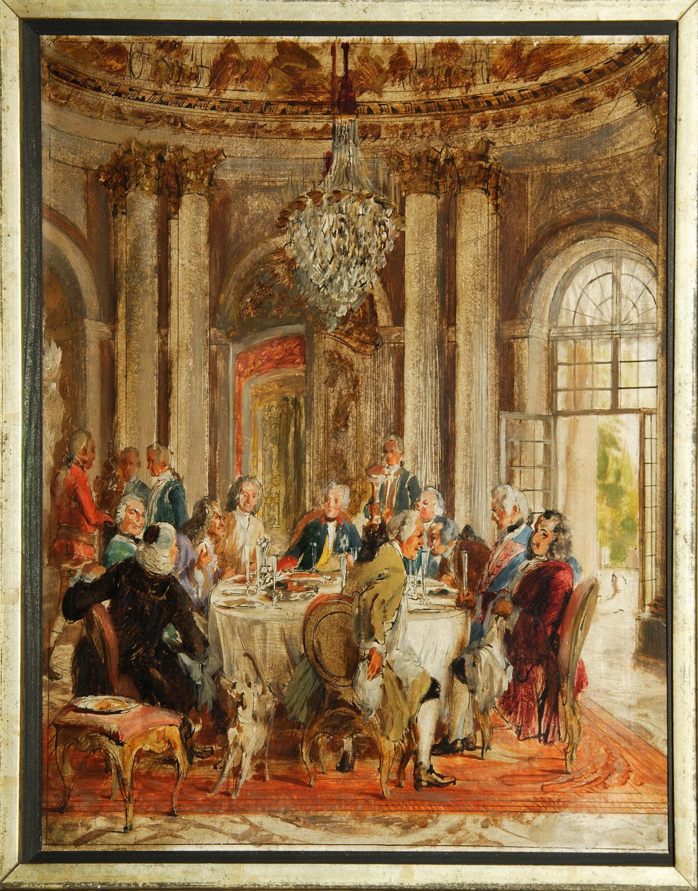 المائدة المستديرة لفريدريك الثاني من بروسيا (1712-1786) مع فولتير (فرانسوا ماري (فرانسوا ماري) أرويت دي فولتير (1694-1778) وكريستوف لودفيج فون ستيل (1696-1752) في قصر سانسوسي - رسم تخطيطي لأدولف فريدريش فون منزل (1815-1905) زيت بواسطة أدولف مينزل