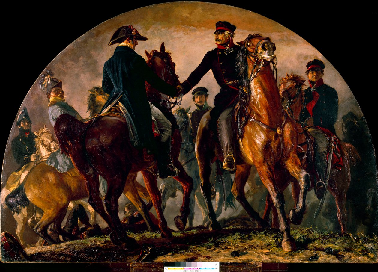 لقاء Gebhard Leberecht von Blucher (1742-1819) و Arthur Wellesley Wellington (1769-1852) ، في معركة La Belle Alliance (1815). لوحة لأدولف مينزل (1815-1905) إي سي. الجميع بواسطة أدولف مينزل