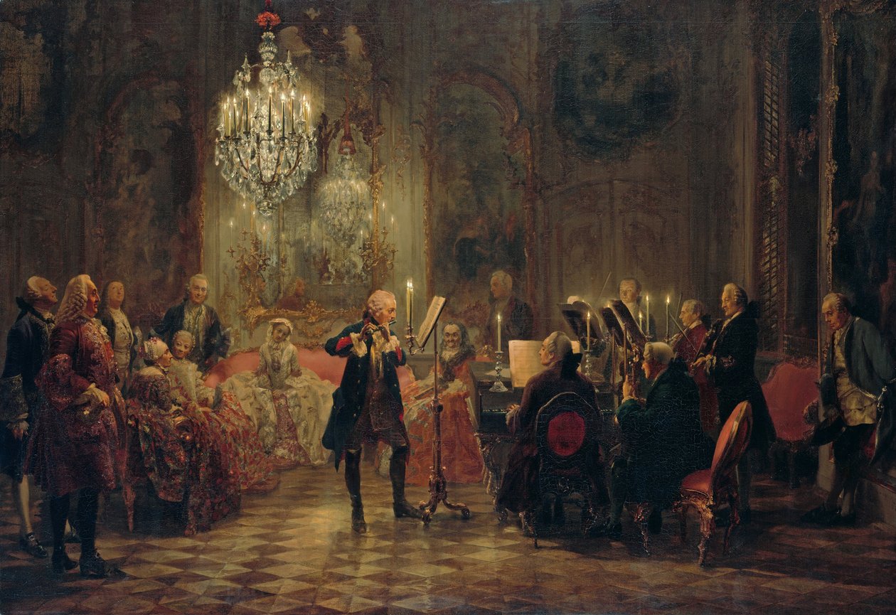 حفل الناي مع فريدريك العظيم في سانسوسي ، 1850-1852 بواسطة أدولف مينزل