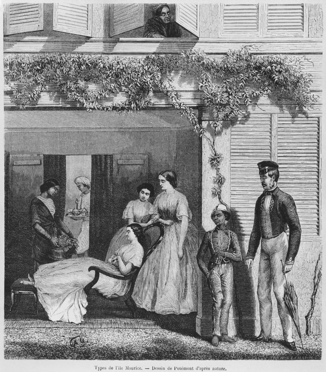 الأوروبيون وسكان موريشيوس ، c.1857 (النقش وزن الجسم) بواسطة أدولف مارتيال بوتيمونت