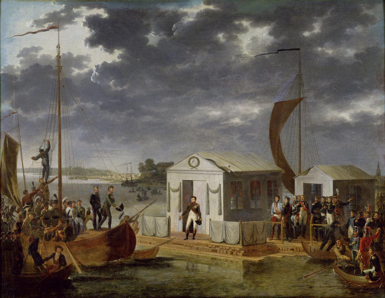 لقاء بين نابليون بونابرت (1769-1821) وألكسندر الأول (1777-1825) من روسيا في نيمين ، 25 يونيو 1807 ، 1808 بواسطة أدولف روهن