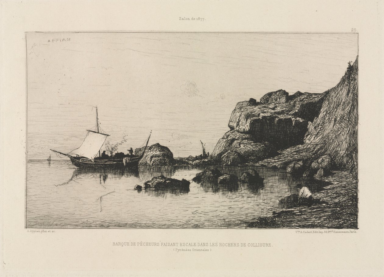 قارب صيد يقوم بميناء للاستدعاء عند صخور كوليور ، 1878. بواسطة أدولف أبيان