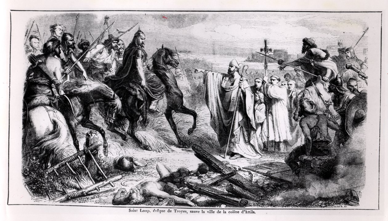 سانت لوب يدافع عن مدينة تروا ضد أتيلا الهون (c.406-453) على حصانه ، توضيح من تاريخ فرنسا ، النصف الثاني من القرن التاسع عشر (صور من وزن الجسم) بواسطة أدولف فرانسوا بانيميكر