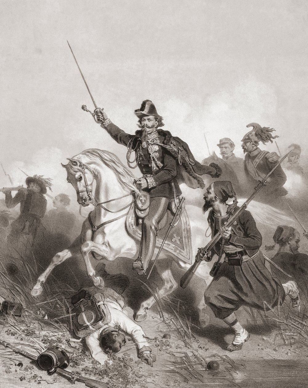 الملك فيكتور إيمانويل الثاني في معركة باليسترو (طباعة) بواسطة Adolphe Jean-Baptiste (بعد) Bayot