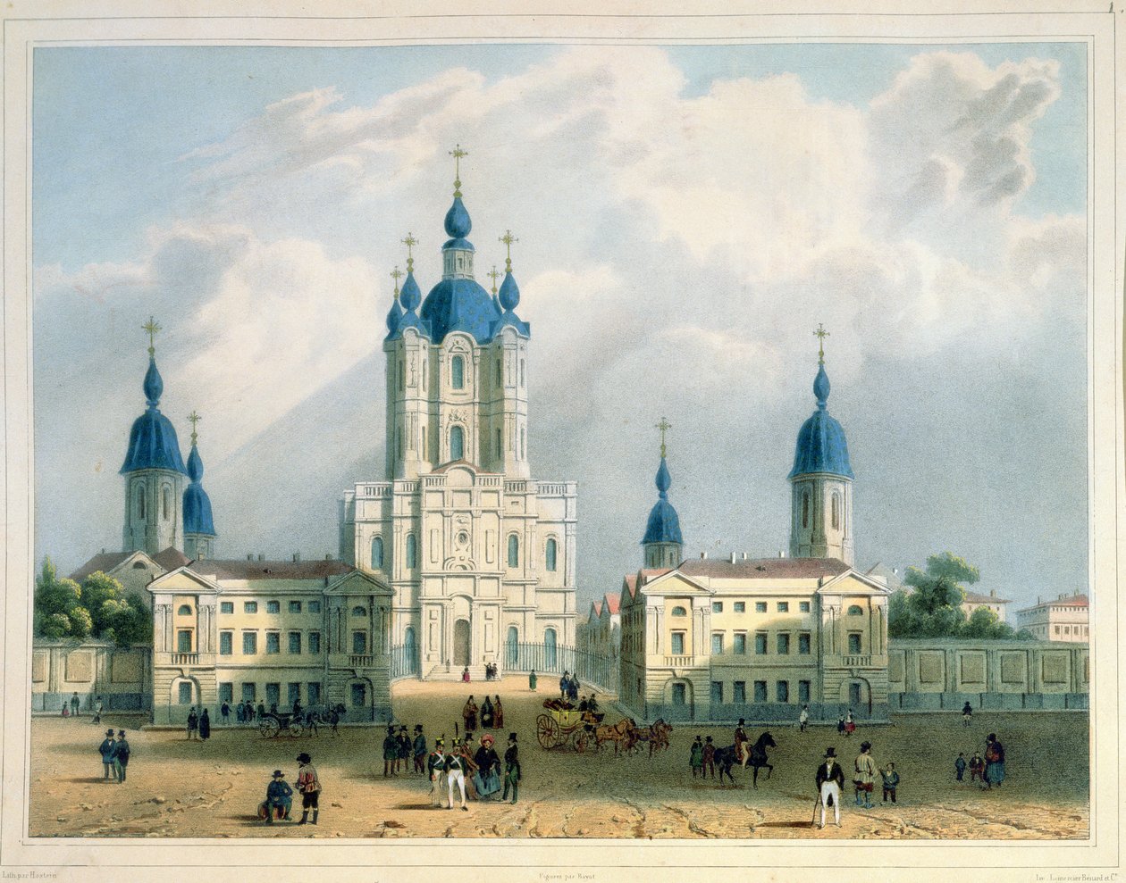 ال Smolny Cloister في سانت بطرسبرغ ، طبعه إدوارد جان ماري هوستين (1804-1889) ، نشره Lemercier ، باريس ، 1840s (الطباعة الحجرية الملونة) بواسطة أدولف جان بابتيست بايوت