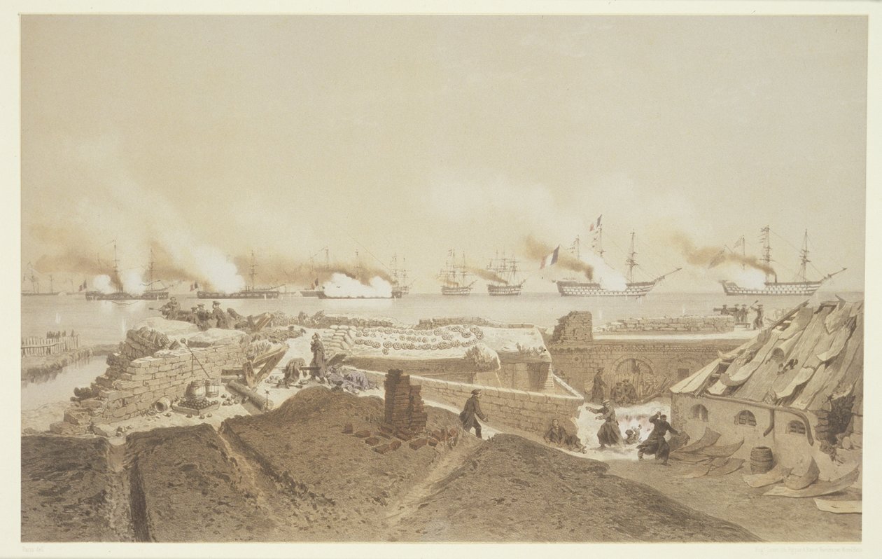 قصف كيل بورون عند مصب نهر دنيبر من قبل الأسطول الفرنسي ، من قلادة Nos Souvenirs de Kil-Bouroun LHiver passe dans Le Liman du Dnieper ، 1855-1856 ، منقوش بواسطة يوجين سيسيري (1 بواسطة أدولف جان بابتيست بايوت وأنطوان ليون موريل فاتيو