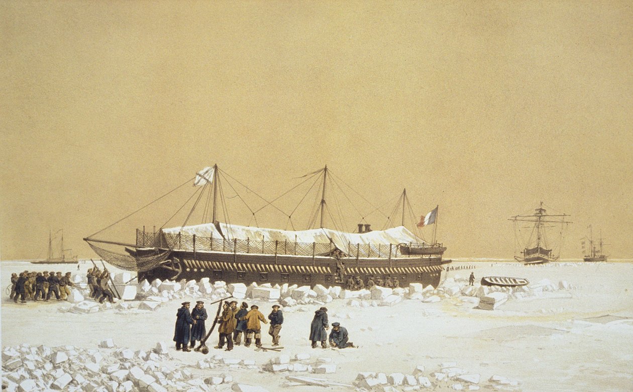 بطارية عائمة La Tonnante في الجليد قبل Kil-Bouroun ، من قلادة Nos Souvenirs de Kil-Bouroun LHiver passe dans Le Liman du Dnieper ، 1855-56 ، محفورة بواسطة Eugene Ciceri (1813-90) المنشورة c.18 بواسطة أدولف جان بابتيست بايوت وأنطوان ليون موريل فاتيو
