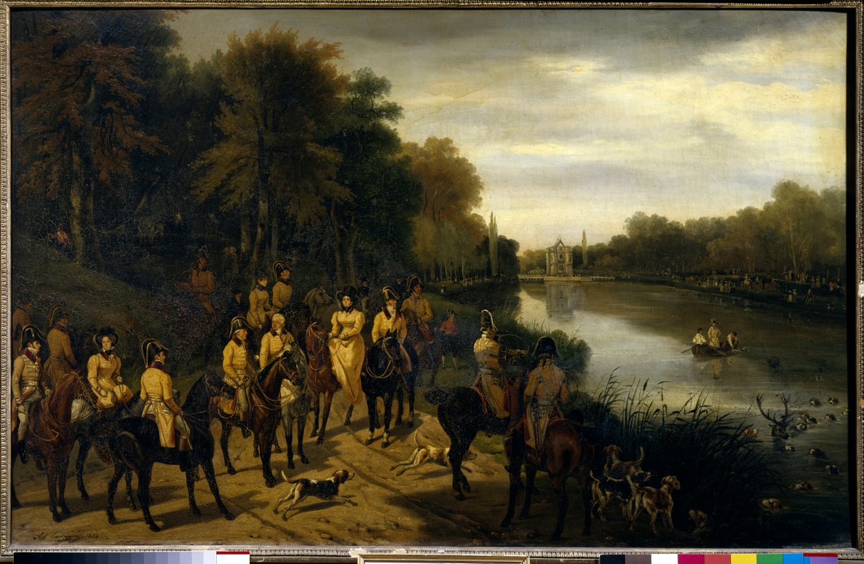 الصيد: "" L'hallali aux ponds de Comelles "لوحة رسمها Adolphe Ladurner (1798-1856) 1829 Sun. 0،82x1،3 م شانتيلي ، متحف كوندي بواسطة أدولف لادورنر