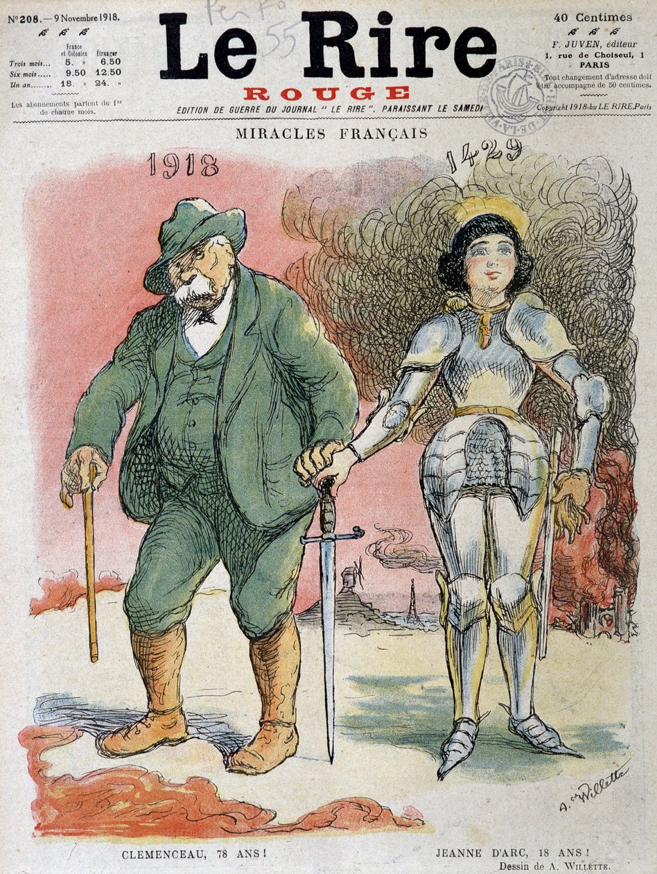 الحرب العالمية الأولى (1914-1918): المعجزات الفرنسية ، جورج كليمنصو (1841-1929) ، في عام 1918 ، كان والد النصر يبلغ من العمر 78 عامًا وجين دارك (1412-1431) ، في عام 1429 ، كانت عذراء أورليانز 18 عامًا - رسم بواسطة Adolphe Willette (1857-1926) ، لـ c بواسطة أدولف ليون ويليت