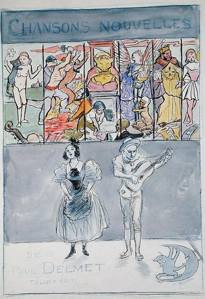 رسم توضيحي لـ "New Songs of Paul Delmet" الذي نشره Henri Tellier ، حوالي 1895 (لون ليثو) بواسطة أدولف ليون ويليت