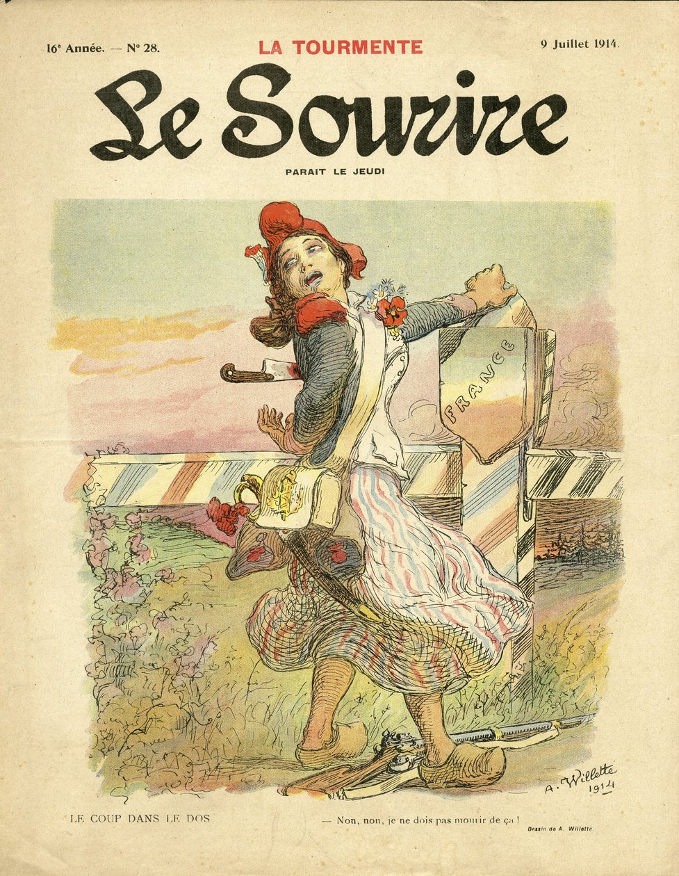 Illustration of Adolphe dit Willette (1857-1926) for the Cover of Le Smile, no 28, 09/07/14 - Le coup dans le dos - Nationalisme, French Revolution, War of 14-18 first mices, Frontières - Marianne بواسطة أدولف ليون ويليت
