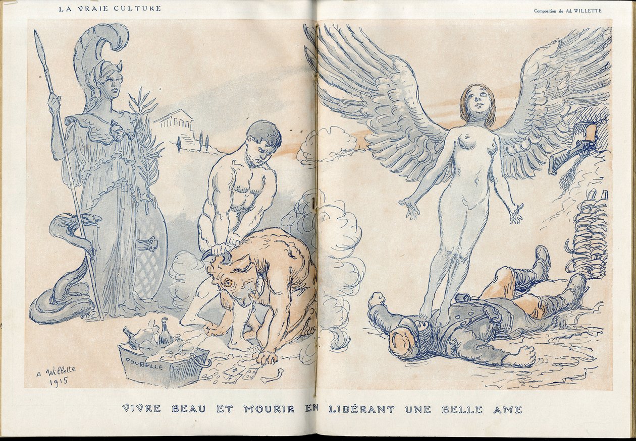 رسم توضيحي لـ Adolphe dit Willette (1857-1926) في "Fantasio" "" ، 15/01/05 - العيش الجميل والموت من خلال إطلاق روح جميلة - حرب 14-18 ، جثث ميتة ، Barbary / Kultur ، Jam of Skull - جنود بواسطة أدولف ليون ويليت