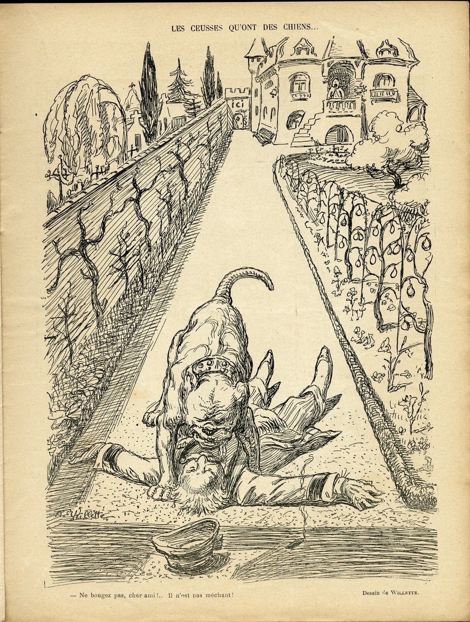 Illustration of Adolphe dit Willette (1857-1926) in Le Rire, 27/02/09 - Les ceusses que on des chiens - Architecture Urbanisme, Animals - Dog, Pitt-Bull بواسطة أدولف ليون ويليت