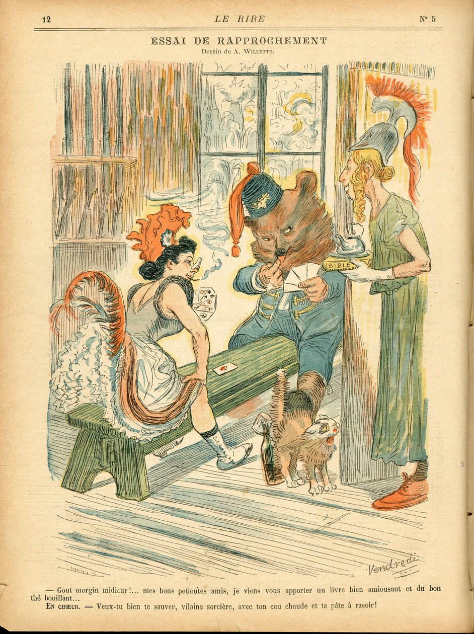 Laughter, Satirical in Colours: Tie de rapprochement - Game of cards - Marianne, Bear, Albion Britania - Illustration by Adolphe (Willette) (1857-1926) بواسطة أدولف ليون ويليت