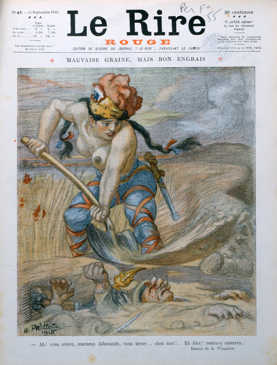 ماريان دفن الجنود الألمان في خنادق مارن ، كاريكاتير من مجلة Le Rire Rouge ، 11 سبتمبر 1915 بواسطة أدولف ليون ويليت