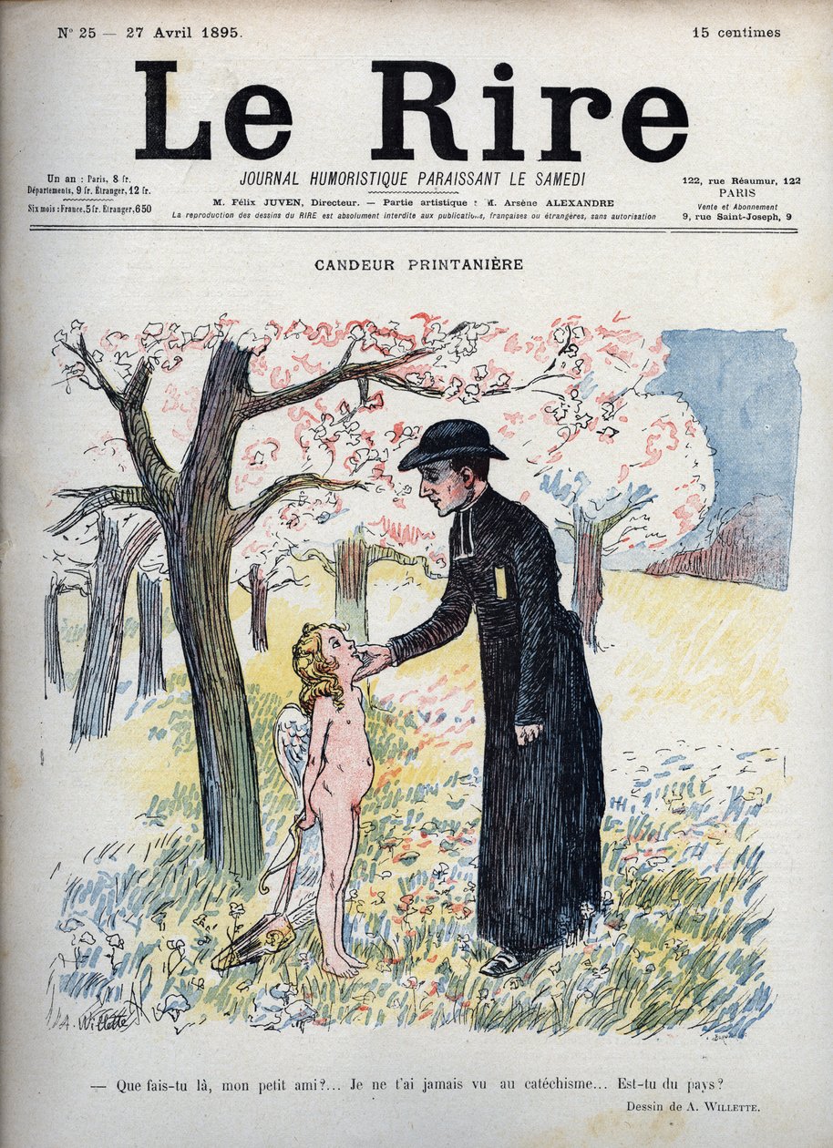 Spring Candeur - في غابة من الزهور ، كاهن يمسّط وجه طفل عارٍ ، ويختبئ خلف ظهره قوس وسهم وزوج من الأجنحة. لا يعرف أنه كيوبيد ، يسأله عما إذا كان جديدًا ، حيث لم يسبق أن رآه أحد في التعليم المسيحي - توضيح بواسطة أدولف ليون ويليت