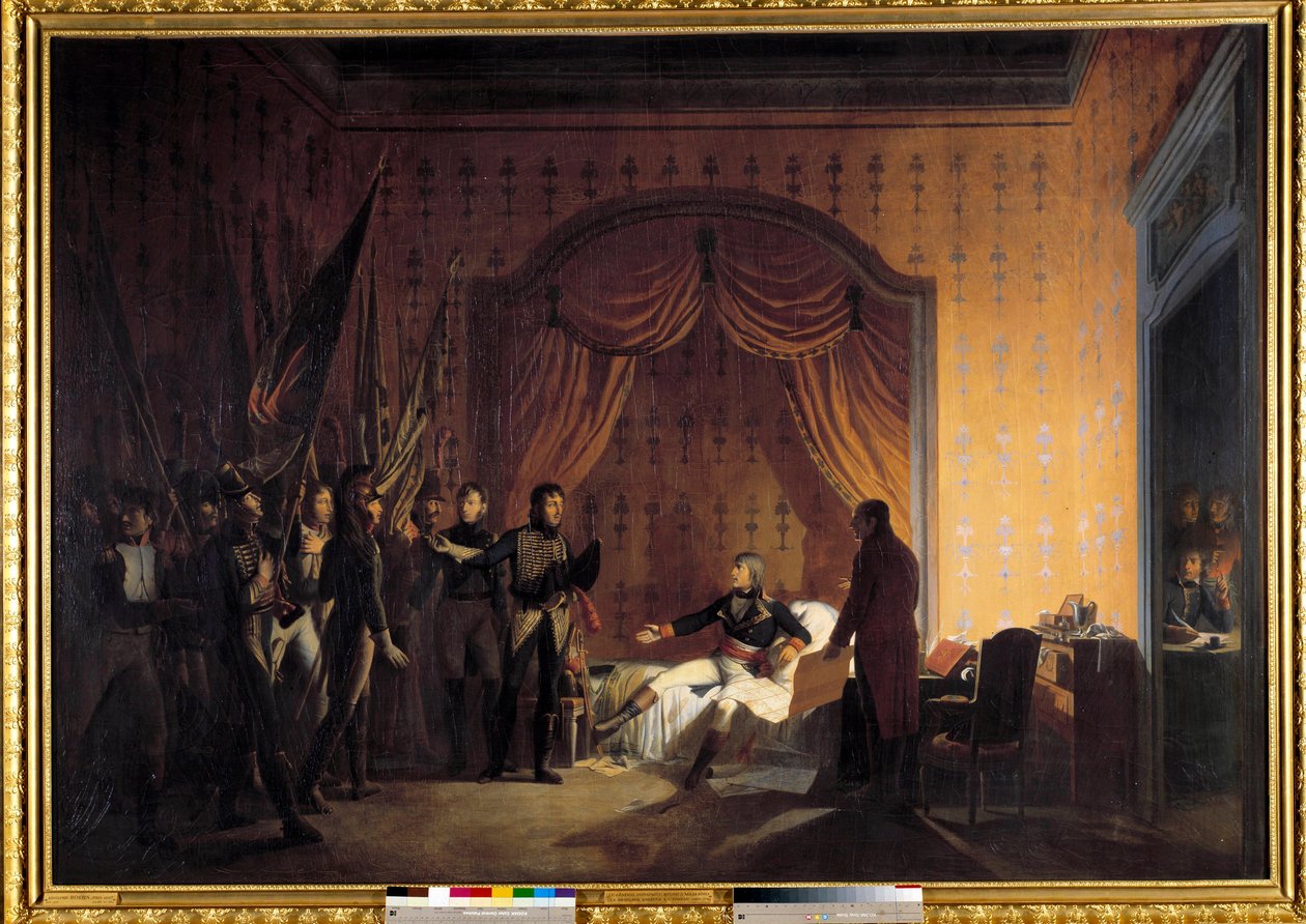 First Campaign of Italy (1796-1797): “” Napoleon Bonaparte (1769-1821) receiving in Millesimo the Austrosard Flags taken at the Battle of Montenotte and the Capture of Cossaria presented by Generals Marmont and Jean Andoche Junot (Jean-Andoche) (1771-1813) بواسطة أدولف روهن