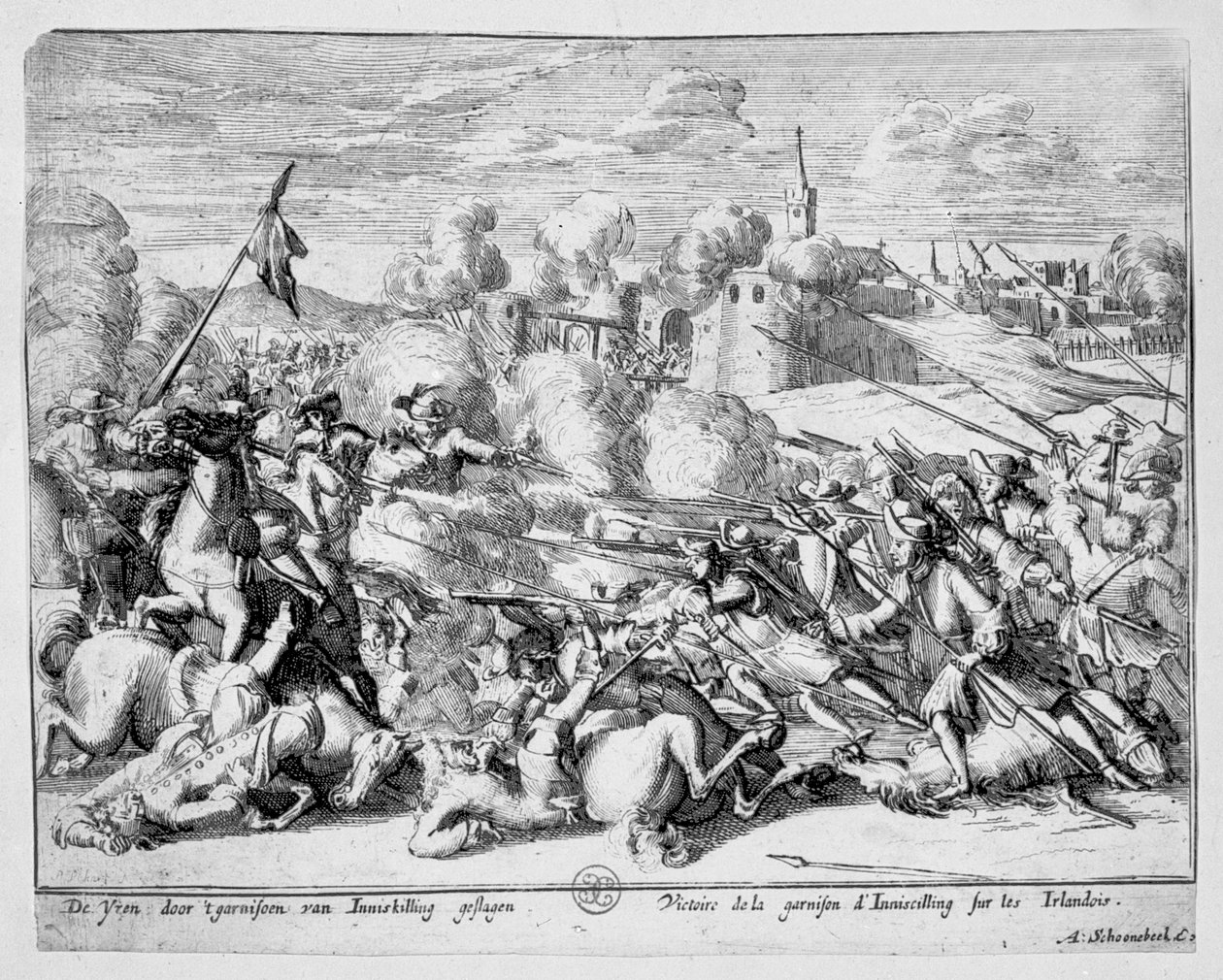 الحامية في Enniskillen تدافع عن المدينة من جيمس الثاني ، 1689 بواسطة أدريان شونبيك