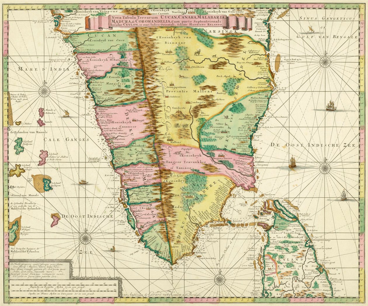 خريطة لجنوب الهند وسيلان ، بعد عمل قام به رسام الخرائط الهولندي أدريان ريلاند حوالي عام 1720 بواسطة أدريان ريلاند