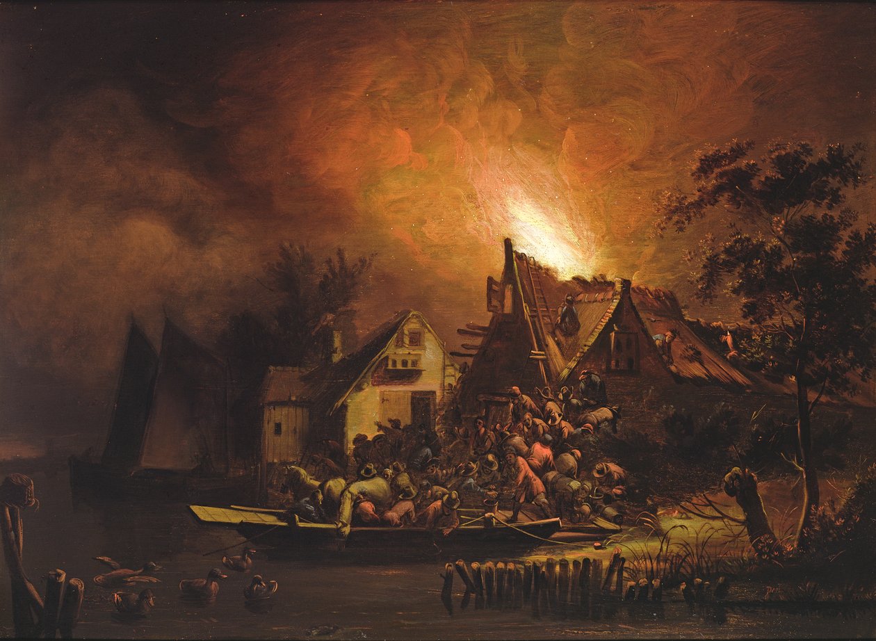 القرويون يكافحون لإخماد حريق الكوخ بواسطة Adriaen Lievensz van der Poel