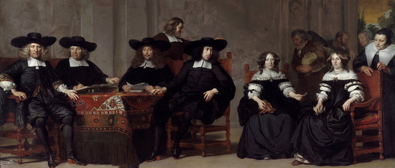 The Regents of the Old Men and Women home in Amsterdam par Backer، Adriaen (حوالي 1635-1684). زيت على قماش ، مقاس: 197 × 457 بواسطة أدريان باكر