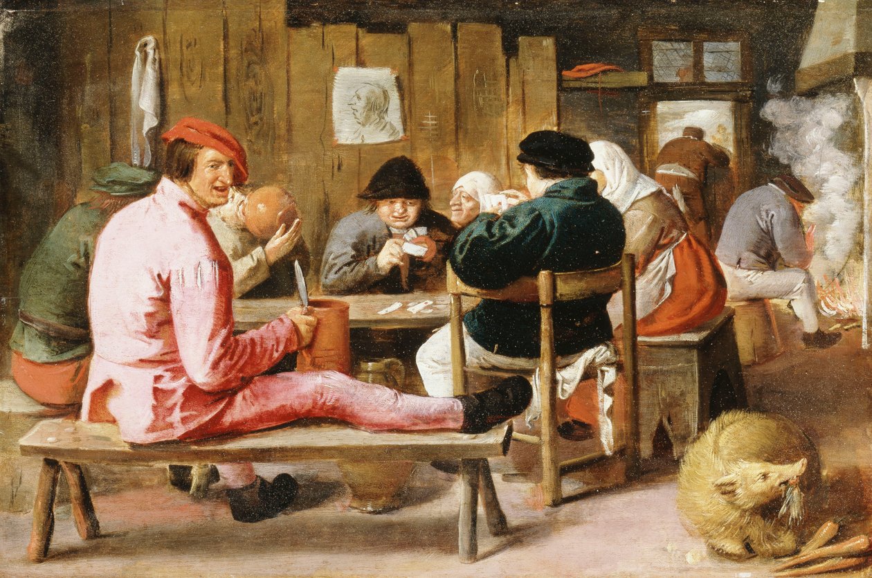 Boors تدخين وشرب على طاولة في حانة ، c.1625 بواسطة أدريان بروير